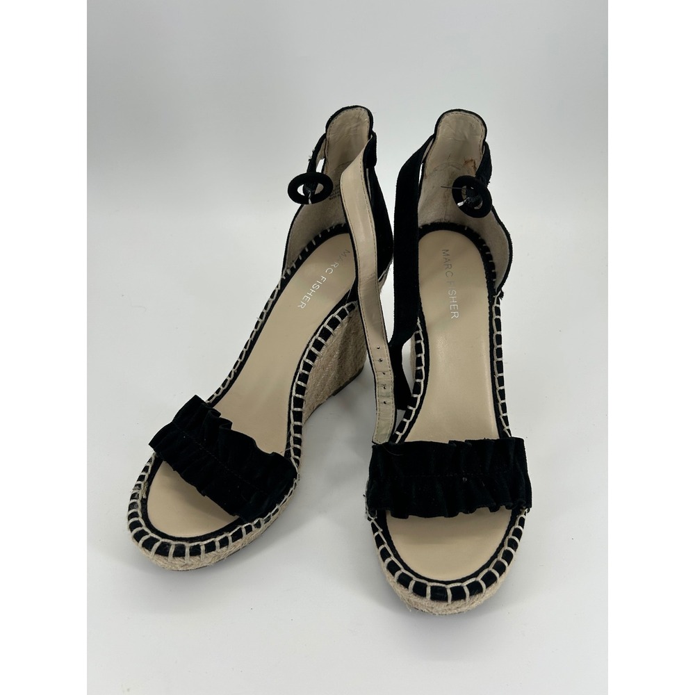 Marc Fisher Black Suede Espadrille‎ Wedge Sandals Ruffle Ankle Strap Size 8
